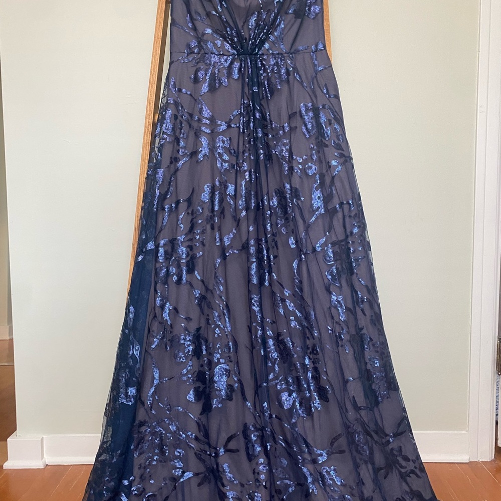 Rene Ruiz Collection off the shoulder Blue Floral sequined Gown